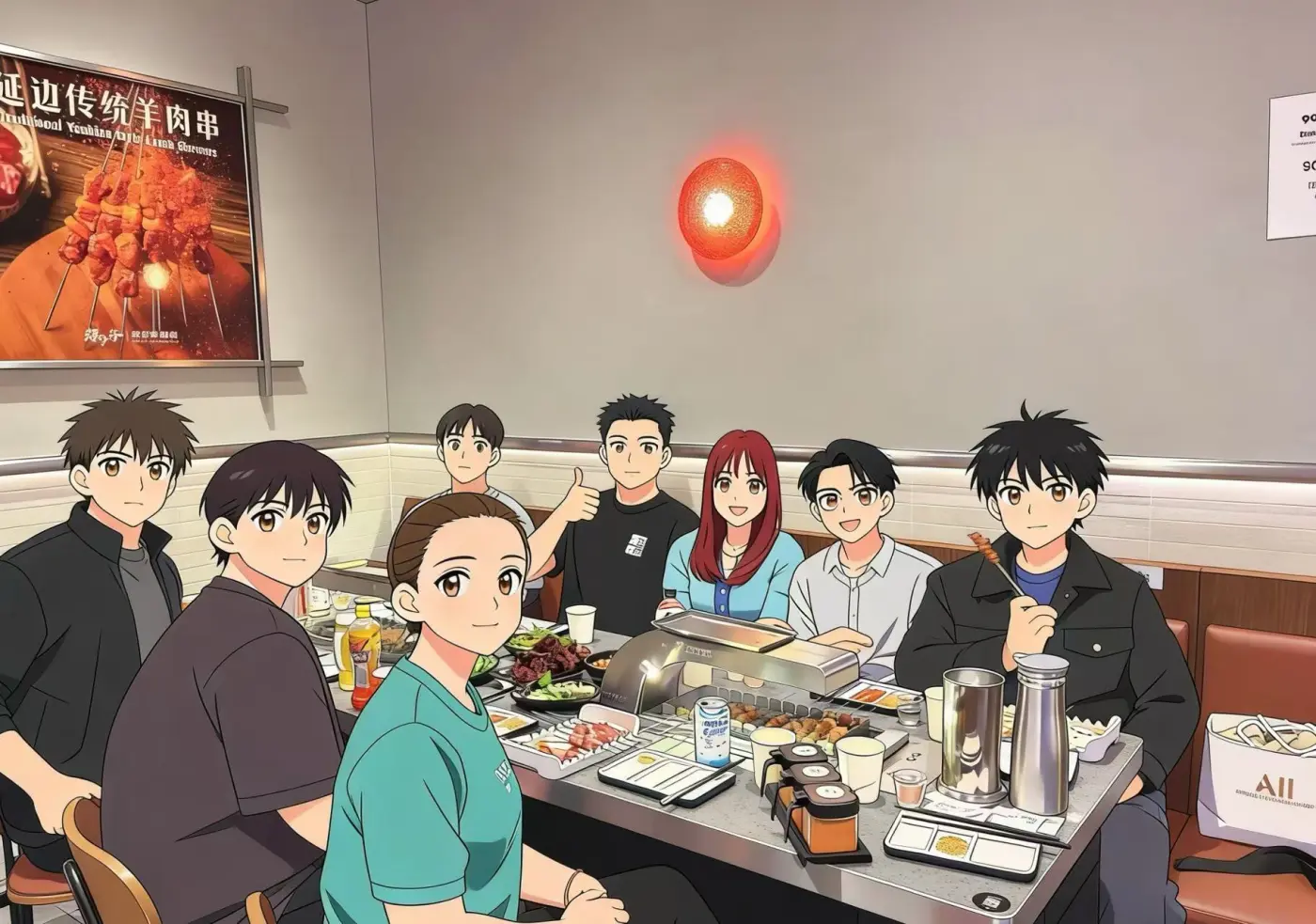 The club around a BBQ table, eating and talking after badminton